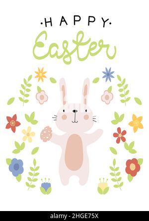 Vector illustration of bunny with easter egg and flowers . Happy Easter greetings text. Design for web, site, banner, poster, card, paper print Stock Vector