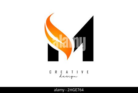 M Letter Logo Design with Fire Flames and Orange Swoosh Vector ...