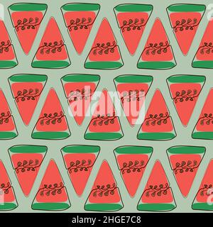 Vector Seamless pattern with watermelon and green background. Vector illustration. Modern exotic design for paper, cover, fabric, interior decor and Stock Vector