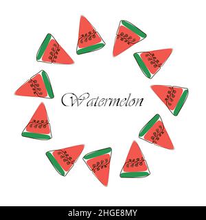 Round frame of watermelon. Exotic watermelon, collected in a composition in a circle on a white background. Natural fruit template . Postcard for your Stock Vector