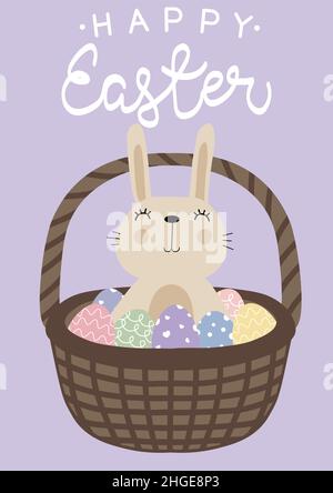 Vector illustration of cute rabbit in a basket of easter eggs. Happy Easter greetings text. Design for web, site, banner, poster, card, paper print Stock Vector