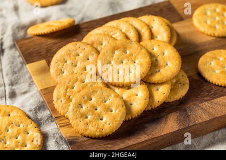 Healthy Brown Round Whole Wheat Crackers on a Platter Stock Photo