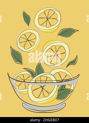 Fresh lemon on a plate isolated on yellow background. Vegetarian concept. Vector illustration. Flat style Stock Vector