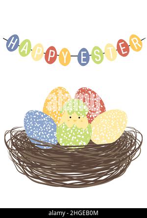 Vector illustration of cute little chicken in a nest with easter eggs. Happy Easter greetings text. Design for web, site, banner, poster, card, paper Stock Vector