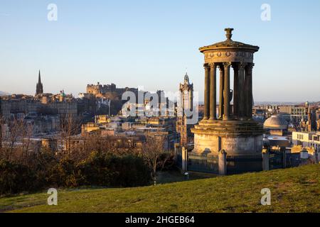 Edinburgh, UK - January 4th, 2022: Calton Hill is a hill in central Edinburgh, Scotland and is  included in the city's UNESCO World Heritage Site. Stock Photo