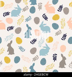Easter pattern with eggs, bunnies and flowers in pastel colors. Seamless Rapport for your design. Design for title for the site ,banner, poster, card Stock Vector