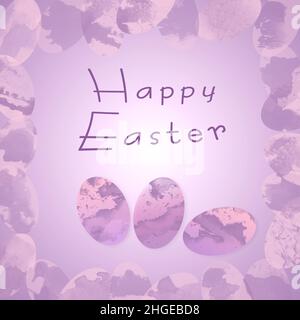 Trendy greeting Easter card with a square abstract frame with a marble pattern on eggs in purple color and an inscription Stock Photo