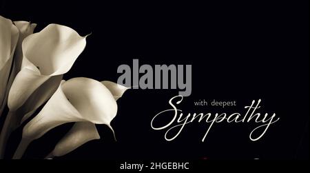 Condolence card with white calla lilies isolated on black background Stock Photo