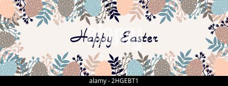 Easter design with eggs and flowers in pastel colors. Horizontal poster. Happy Easter greetings text. Design for title for the site ,banner, poster Stock Vector