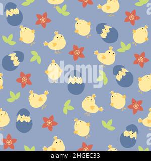 Easter pattern with eggs, little chickens and flowers in pastel colors. Seamless Rapport for your design. Design for title for the site ,banner Stock Vector
