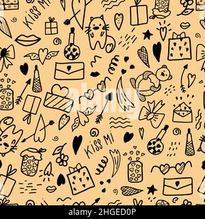 Seamless illustration with doodle elements for Valentine's Day. Yellow background. Festive wrapping or wallpaper. Vector illustration on. Stock Vector