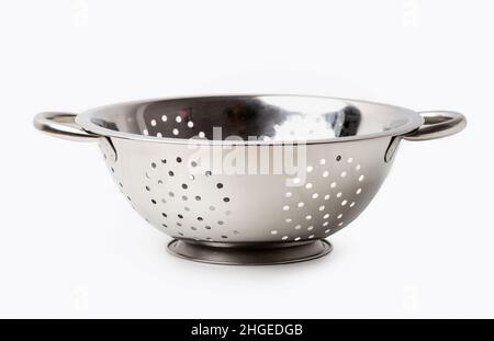 Empty silver colander isolated on white Stock Photo