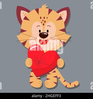 Cute tiger cub with a gift in the shape of a heart. A greeting card with a declaration of love. Stock Vector