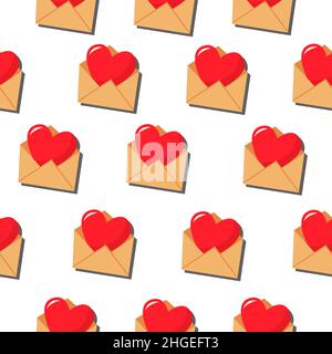A red heart in an envelope. Vector pattern in a flat style. Simple seamless pattern. Valentine's Day background. Stock Vector
