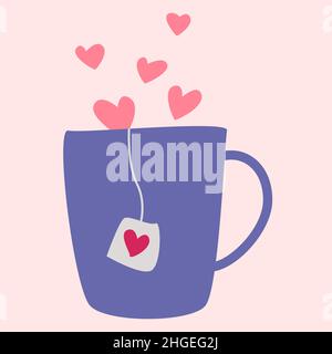 A mug with a tea bag. Vector image in boho style. valentine's day. A greeting card with a declaration of love. Stock Vector