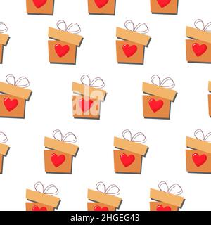 A gift box with a red heart. Vector pattern in a flat style. Simple seamless pattern. Valentine's Day background. Stock Vector