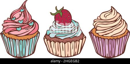 Vector illustration with collection of cupcakes colored and depicted by a line. Hand drawn isolated confections. Stock Vector