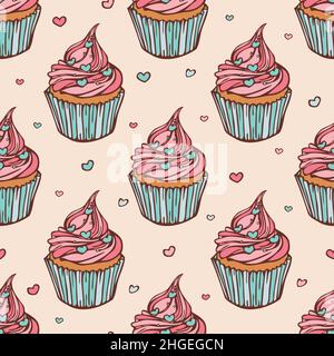 Vector seamless pattern with cupcakes with heart shaped sprinkles. Hand drawn design. Stock Vector