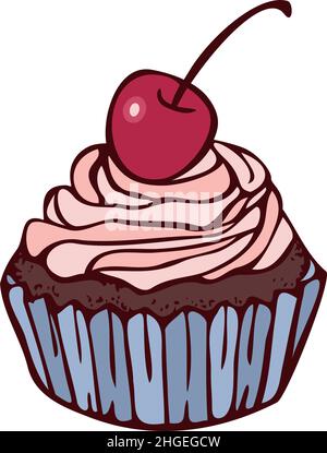 Vector illustration of cupcake with cherry on its top. Cupcake colored and depicted by a line. Stock Vector