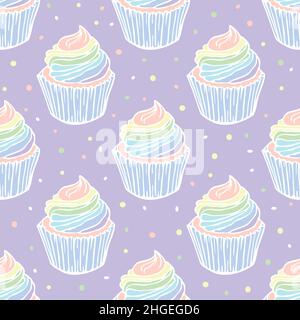 Vector seamless pattern with cupcakes with rainbow cream. Hand drawn design in pastel colors. Stock Vector