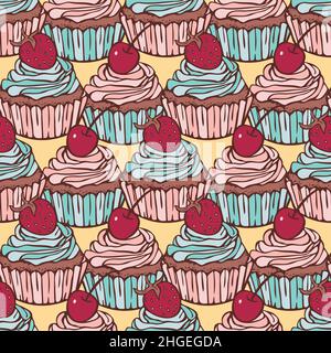 Vector seamless pattern with cupcakes with cherry and strawberry. Hand drawn design with confections. Stock Vector
