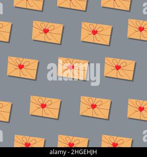 The envelope is tied with a ribbon with a bow. Vector pattern in a flat style. Simple seamless pattern. Valentine's Day background. Stock Vector