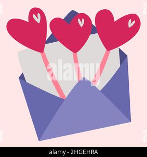 An open envelope with hearts on a stick. Vector image in boho style. valentine's day. A greeting card with a declaration of love. Stock Vector