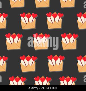 An open envelope with hearts on a stick. Vector pattern in a flat style. Simple seamless pattern. Valentine's Day background. Stock Vector