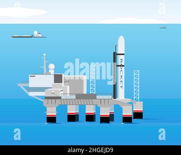 Launch complex of a floating cosmodrome for launching rockets from the sea Stock Vector