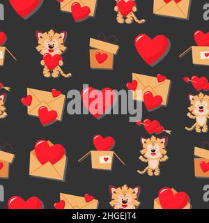 Tiger cubs and hearts on a black background. Vector pattern in a flat style. Simple seamless pattern. Valentine's Day background. Stock Vector