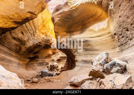 Amazing orange canyon called Barranco de las vacas located in heart of Grand Canaria, Canary Islands, Spain Stock Photo