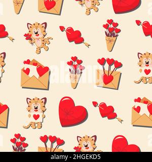 Hearts flowers and tiger cubs. Vector pattern in a flat style. Simple seamless pattern. Valentine's Day background. Stock Vector