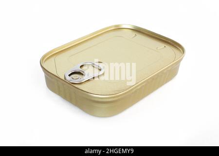 Tin can isolated on white background. Sardine metallic package Stock Photo