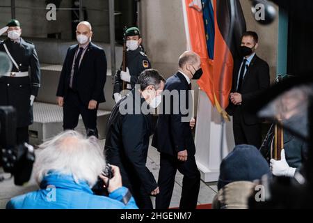 Berlin, Germany. 20th Jan, 2022. Olaf Scholz, Chancellor of Germany with Ignazio Cassis, President of Switzerland in Berlin. Ignazio Cassis was elected President of the Swiss Confederation for 2022. Credit: Sipa USA/Alamy Live News Stock Photo