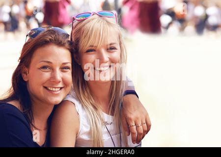 Skanderborg. Cropped shot of friends at the Skanderborg festival. Stock Photo