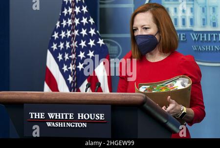 Washington, United States. 20th Jan, 2022. Jen Psaki, White House press secretary, speaks during a news conference in the James S. Brady Press Briefing Room at the White House in Washington, DC on Thursday, January 20, 2022. Psaki took questions on topics including Russia and the Ukraine, cyber attacks, and the Iran nuclear deal. Photo by Leigh Vogel/UPI Credit: UPI/Alamy Live News Stock Photo