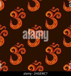 Om sacred symbol bright colorful seamless pattern, isolated on brown background. Ethnic stylish boho element Aum texture. Stock Vector