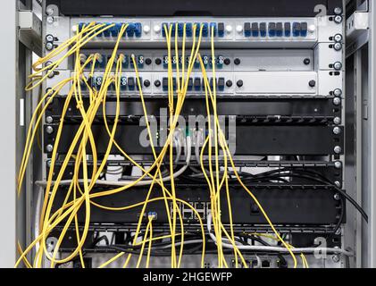 Electrical switchboard with yellow wires and sensors. Electrical equipment. Stock Photo