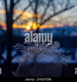 Ice pattern on the window of a residential building against the sunset background. Stock Photo