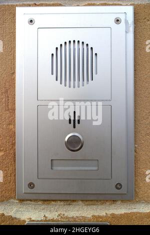 Door bell with microphone and speaker Stock Photo