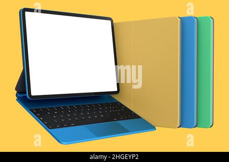 Set of computer tablets with keyboard and blank screen isolated on yellow background. 3D rendering concept of creative designer equipment and compact Stock Photo