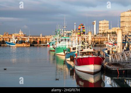 Colourful fishing boats in the port of Le Havre in France Stock Photo