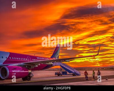 Bulgaria September 2021: Fly from England to Bulgaria on Wizz Air, Europe's fastest growing and greenest airline with its a carbon offsetting scheme as part of its wider commitment to reducing green house gas Clifford Norton Alamy Stock Photo