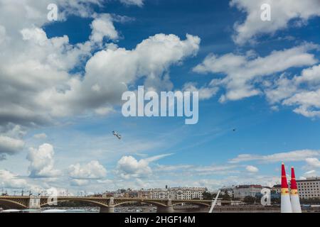 BUDAPEST, HUNGARY, JUNE 24 - 2018 - Airplane performing during the Red Bull Air Race in the center of capital city Budapest, Hungary Stock Photo