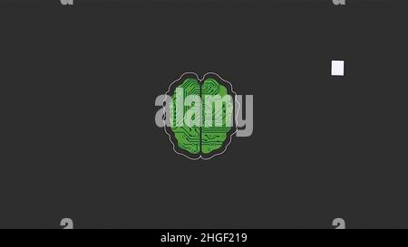 Cartoon animation of a brain as a microchip recieving signal waves on grey background. Brain head connect digital lines, expanding artificial intellig Stock Photo