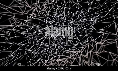 Abstract background of white triangles rotating chaotically on black background, seamless loop. Animation of flying, spinning monochrome geometrical f Stock Photo