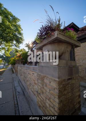 Frank Lloyd Wright Home and Studio entrance with sunstar. Oak Park, Illinois. Stock Photo