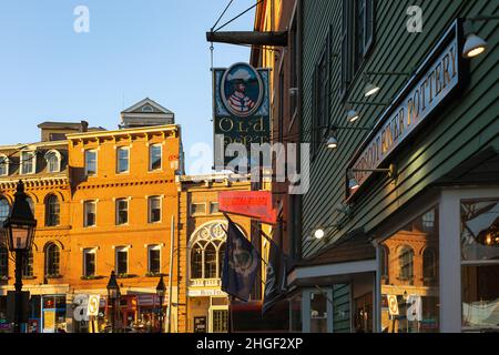 A street scene in the Old Port District of Portland, Maine. Stock Photo