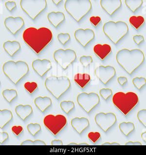 3d Red and White Hearts with golden outline tileable pattern for Valentines Day. Cut paper seamless vector background. Stock Vector