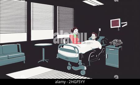 Animated cartoon with a dying man lying on a bed in the hospital and a woman sitting beside. Stop of heart beating of a young man on the EKG monitor i Stock Photo